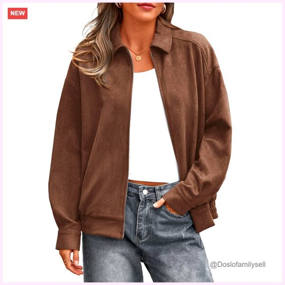 Jackets & Blazers - Oversized Faux Suede Bomber Jacket Women's Zip Up Winter Outerwear Coats